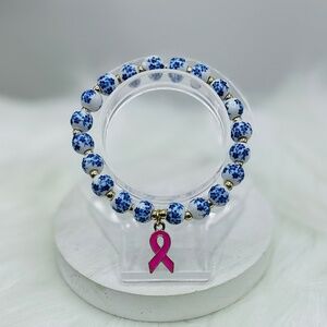 Chinese-Style Ceramic Floral Beaded Stretch Bracelet w/ Pink Breast Cancer Charm
